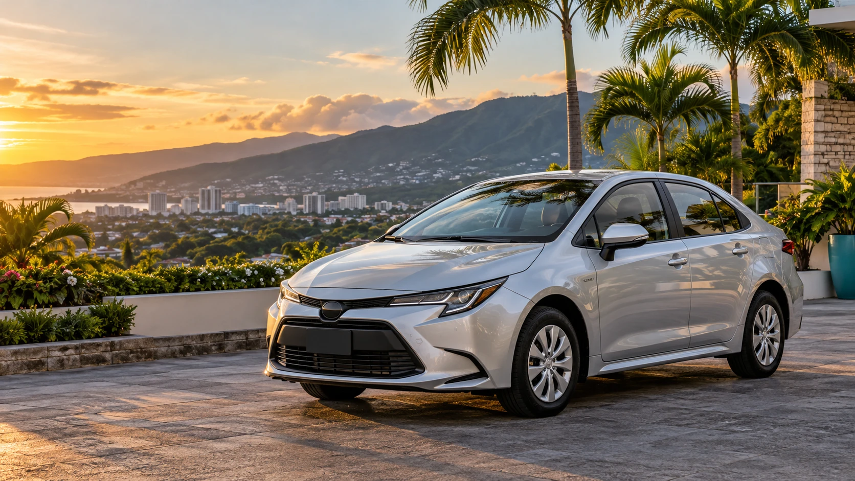 Illustrative silver sedan overlooking Kingston, Jamaica; not an availability listing